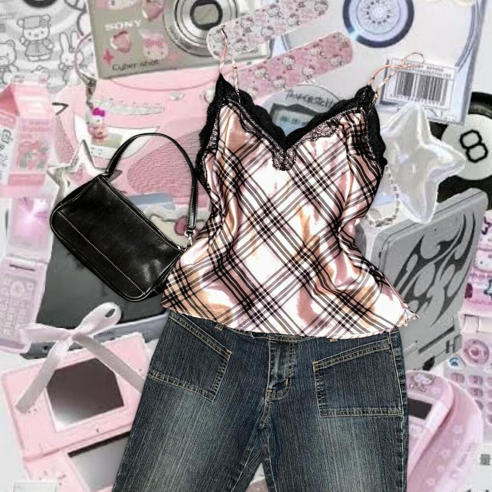Victoria's Secret Women's Plaid Pink and Black Lace Cami